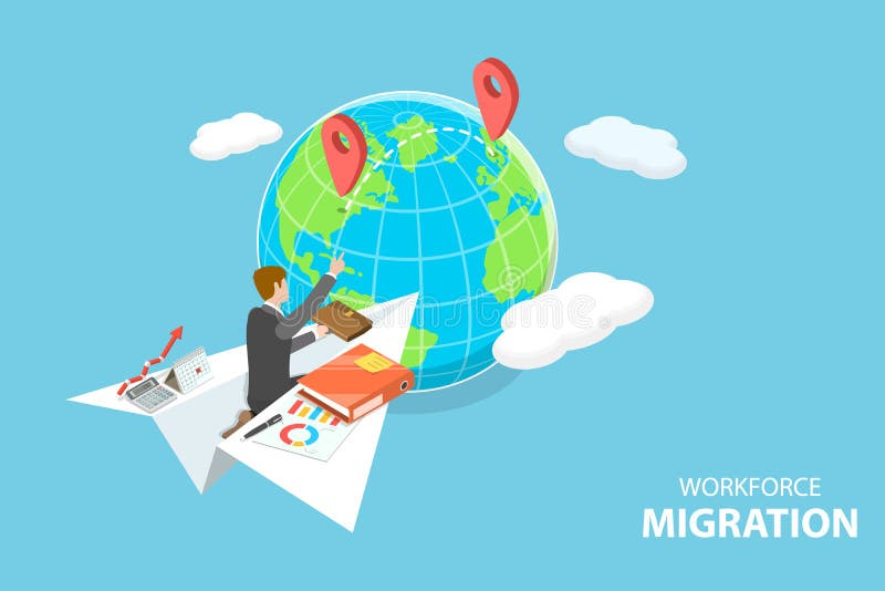 Illustration of global workforce migration via paper airplane
