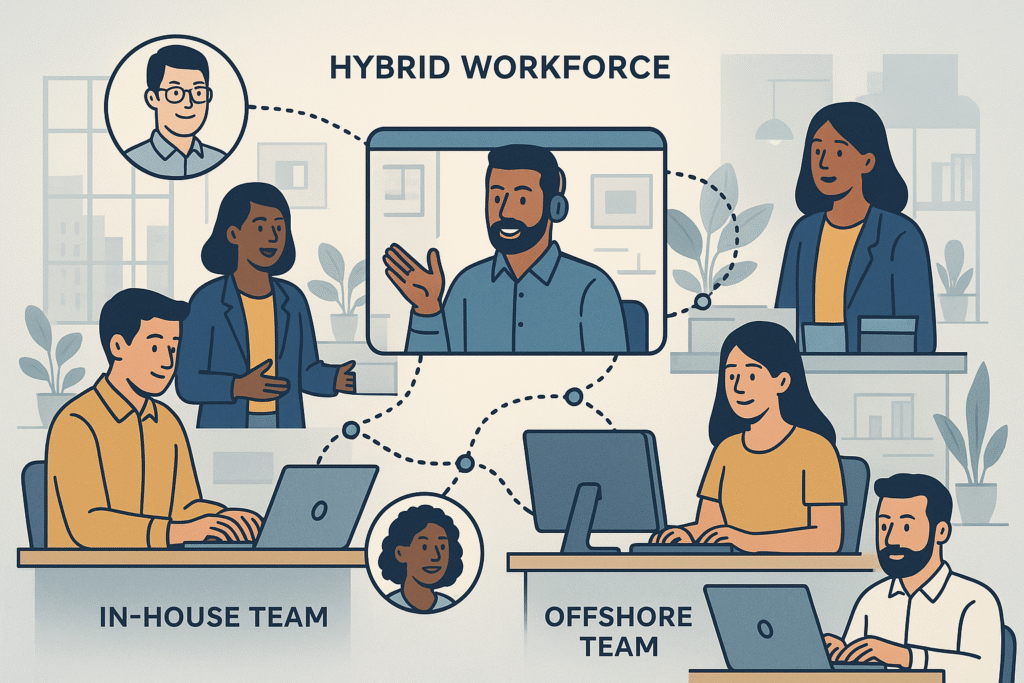 Illustration of in-house and offshore teams collaborating in a hybrid global workforce