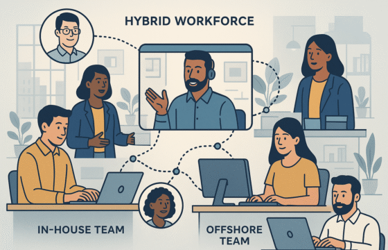 Illustration of in-house and offshore teams collaborating in a hybrid global workforce