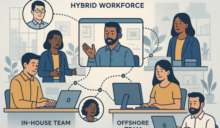 Illustration of in-house and offshore teams collaborating in a hybrid global workforce