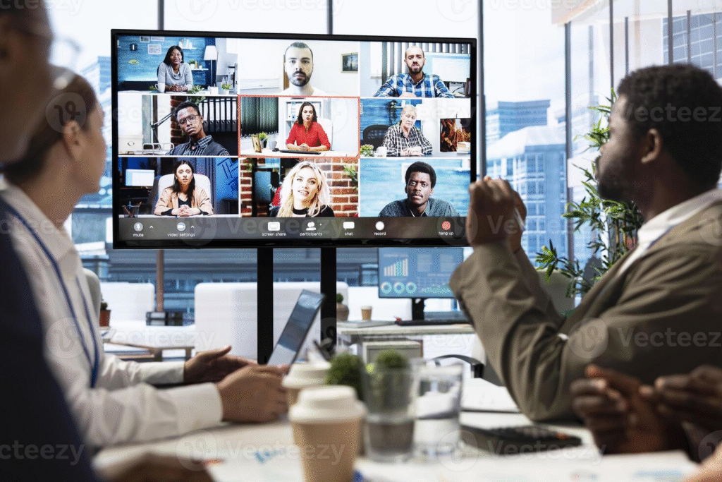 Diverse professional team in a virtual video conference illustrating hybrid collaboration