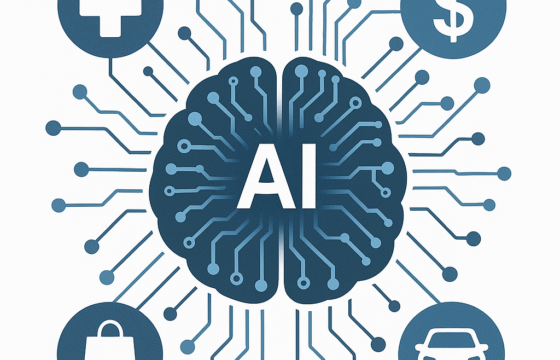 AI transformation across industries with futuristic cityscape and digital technology integration