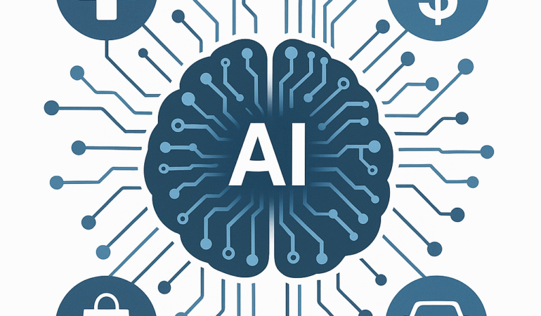 AI transformation across industries with futuristic cityscape and digital technology integration